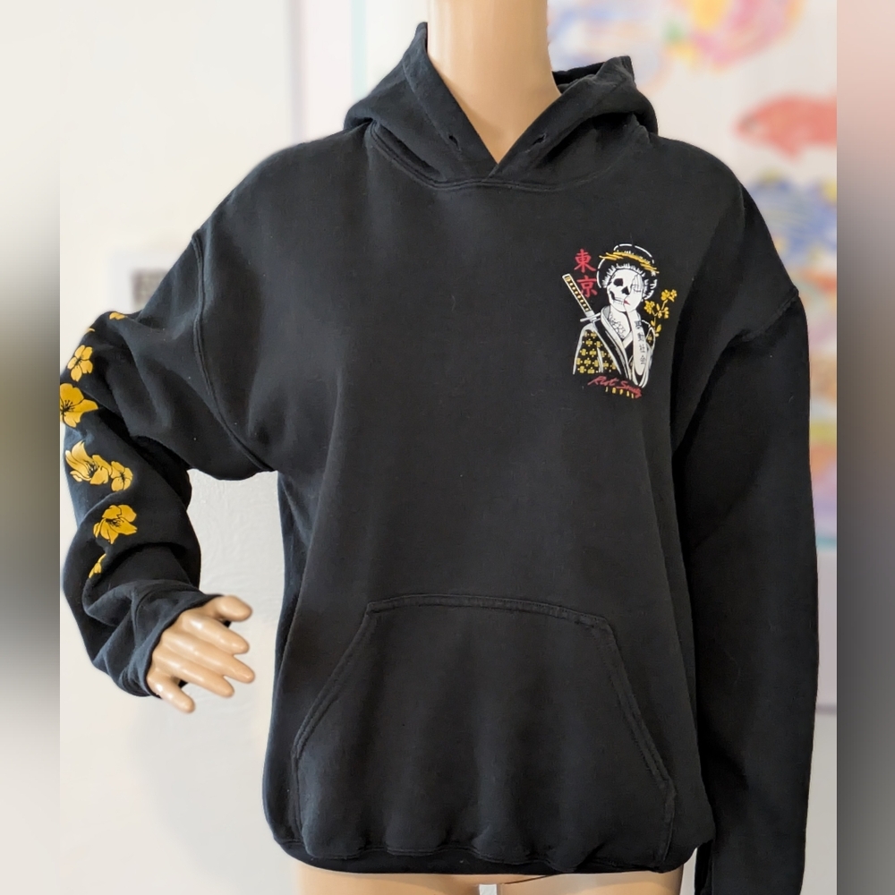 Black Hoodie with Geisha Samurai Design Medium